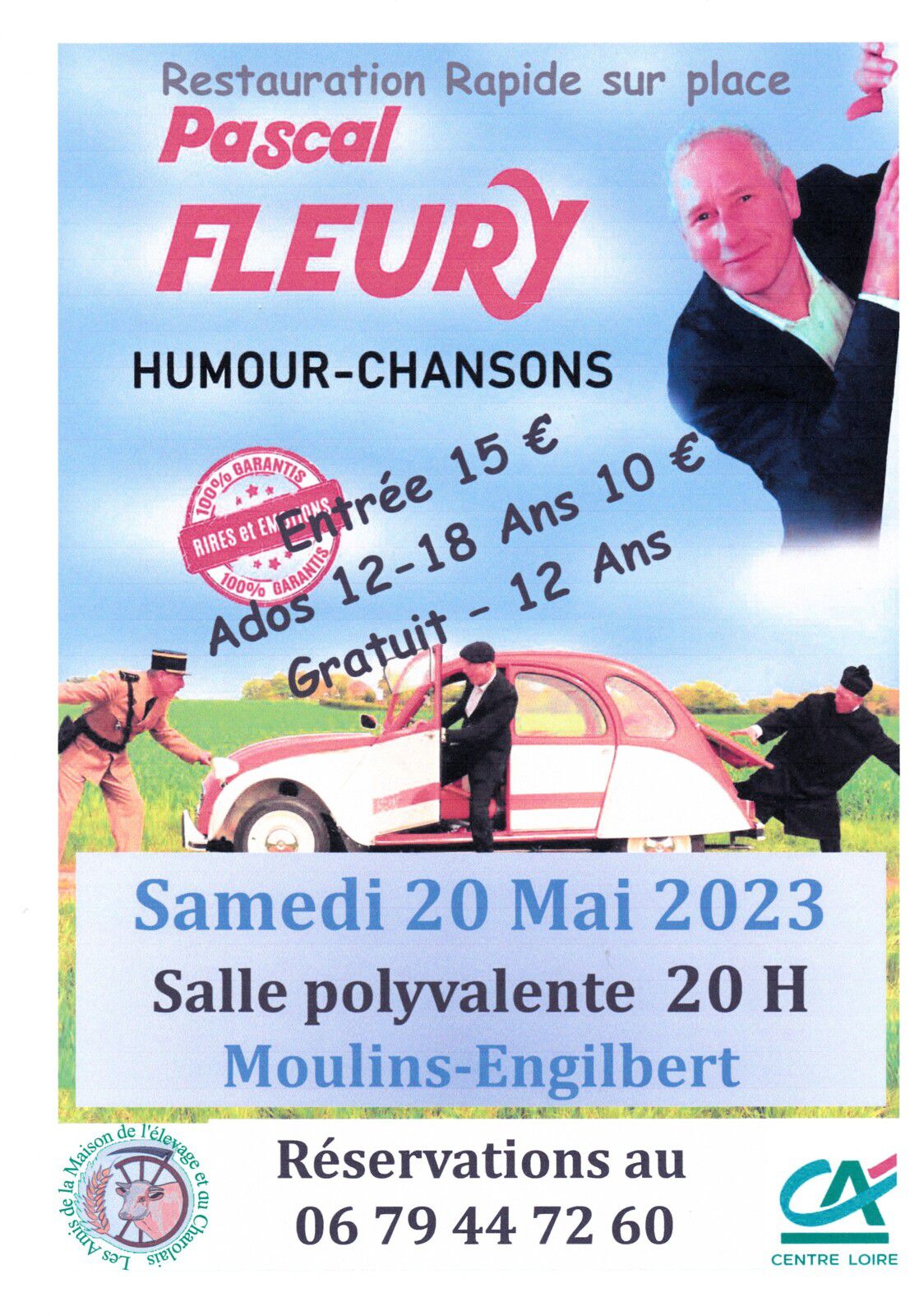 Samedi 20 Mai 2023 à 20 h, salle polyvalente à Moulins-Engilbert, spectacle de Pascal FLEURY.  Bonne humeur, rires en cascades, une belle soirée en perspective, pour petits et grands.  Restauration rapide sur place.